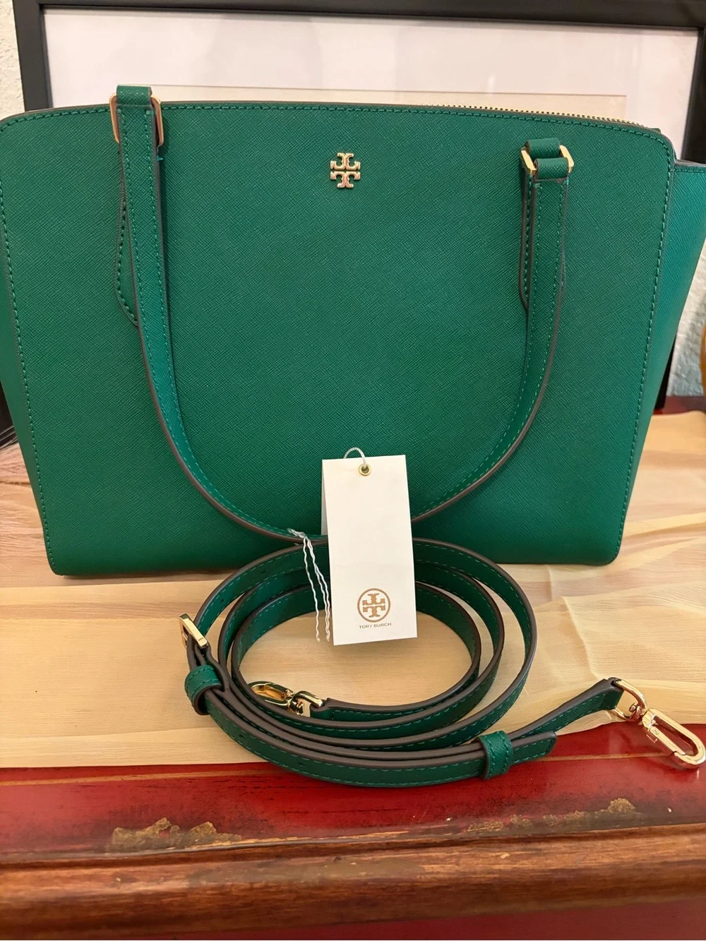 Tory Burch-Emerald stone color, Emerson small top zip tote. NWT.